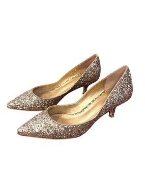 Belle Badgley Mischka Glitter Kitten Heel Pumps Gold 6.5M Formal Wedding Shoes